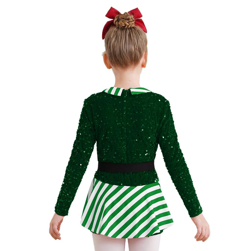 Kids Girls Candy Cane Striped Sequins Ballet Dance Shorty Unitard Dress Christmas Costume Moden Jazz Latin Performance Dancewear