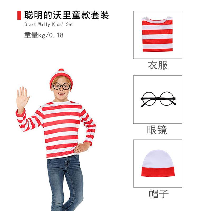 Kde je Wally Waldo Kostým Rodič-dítě Kreslený Waldo Týden knihy Cosplay Oblečení Pruhované Tričko s dlouhým rukávem Halloweenský Klobouk Sklo