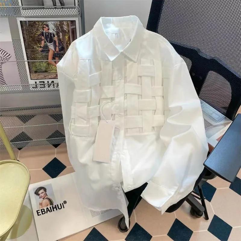 

Женские однотонные рубашки с вырезами и лацканами, с длинным рукавом, со свободной талией, модная лоскутная блузка, женская шикарная повседневная рубашка из полиэстера, 2023 XL белый