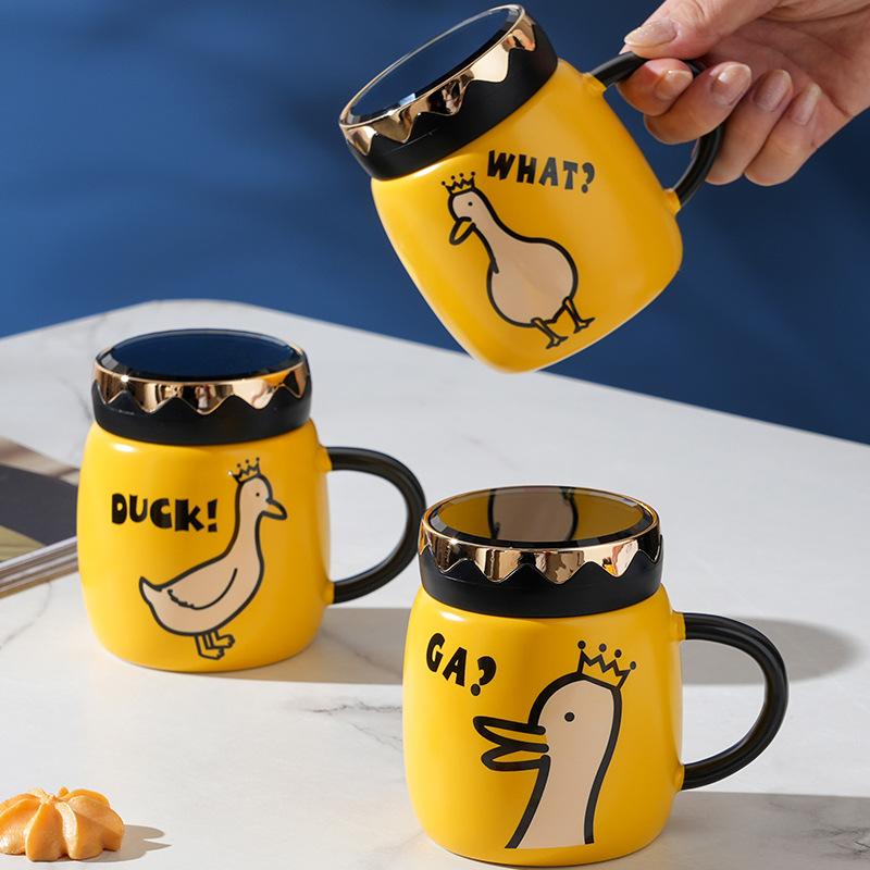 Anime Duck with Lid Mirror Mug Cute Animal Ceramic Drinking Cup Home Set Mug Couple Mugs Gift Durable Durable Useful Useful