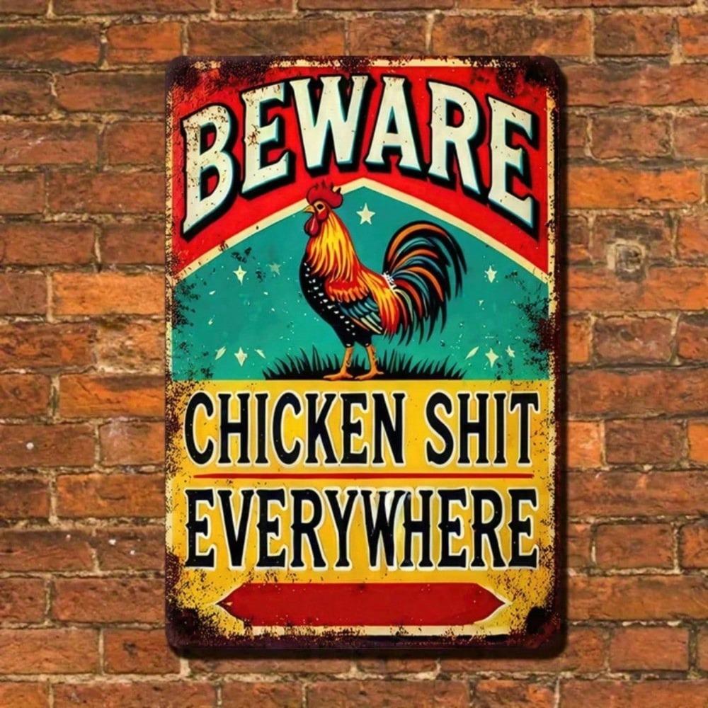 1PC Funny Beware Of Chicken Metal Sign, Rustic Farmhouse Wall Art, Humorous Farm Yard Decor, Tin Country Sign, Outdoor Decor