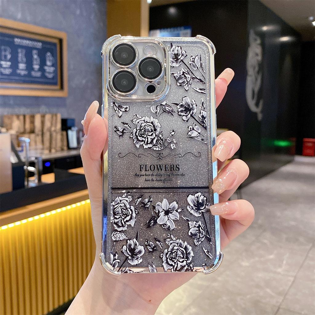 Applicable to Samsung S26 glitter electroplating mobile phone case S25FE retro flower A37 four corners anti-drop A57 lens film soft