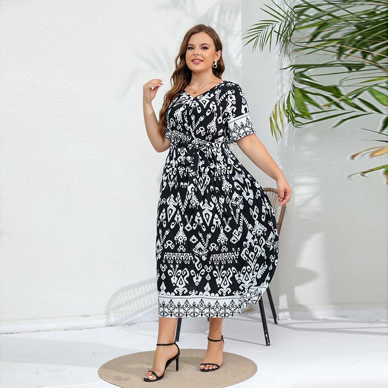 Damenkleid Übergröße Elegantes Temperament Elastische Taille V-Ausschnitt Lange Kleider