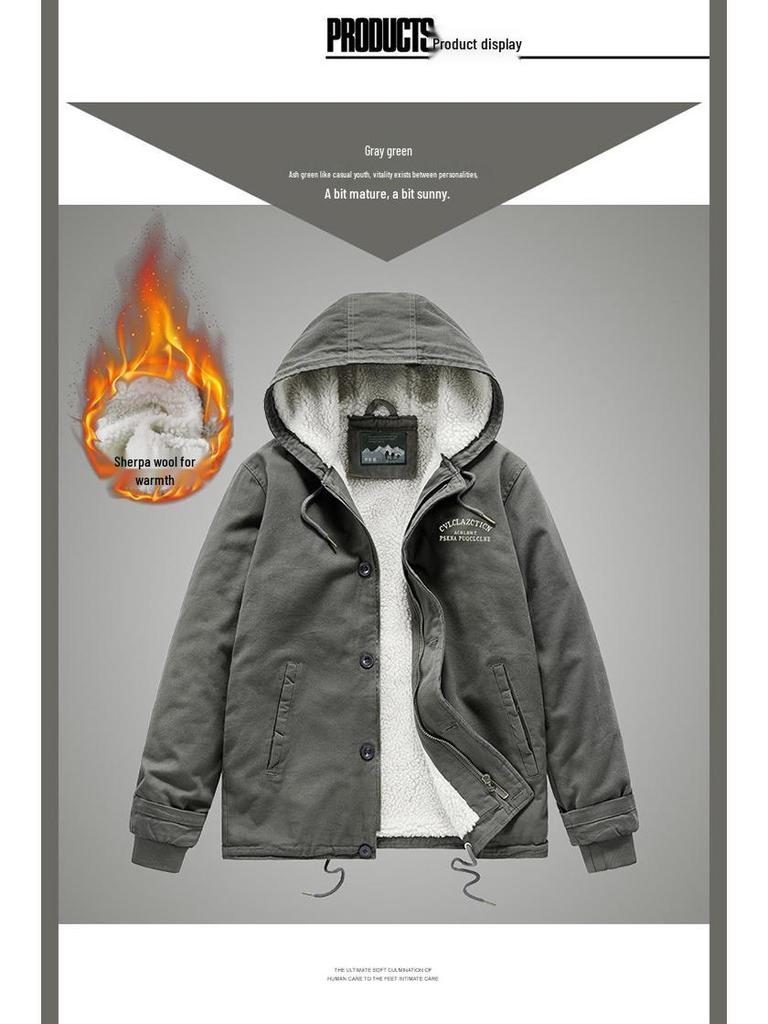 Lambswool Hooded Fleece-Lined Coat, Warm Outdoor Casual Plus Size Cotton Jacket