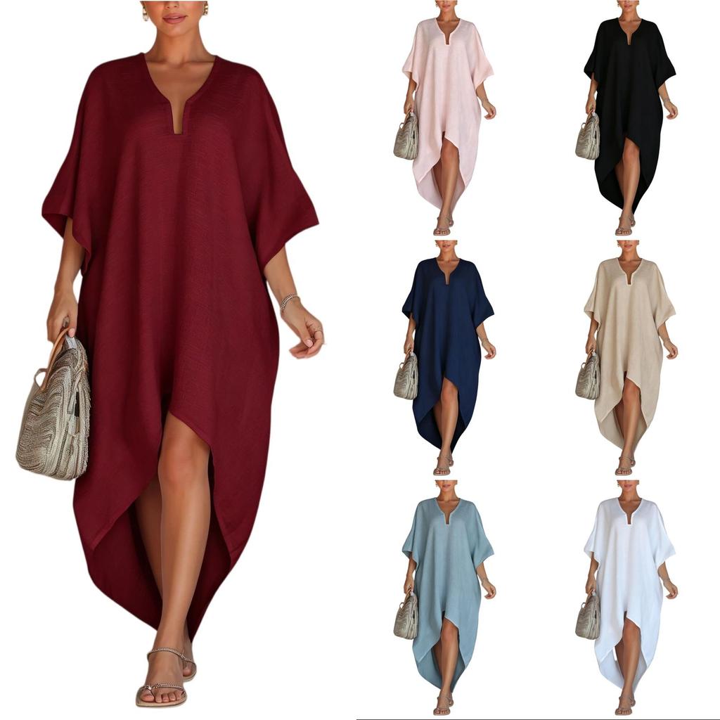 Loose Fit Beach Cover Up Dress Long Kaftan Robe with Pleated Design Vacation Wear Silk Feel Fabric Comfortable Lightweight