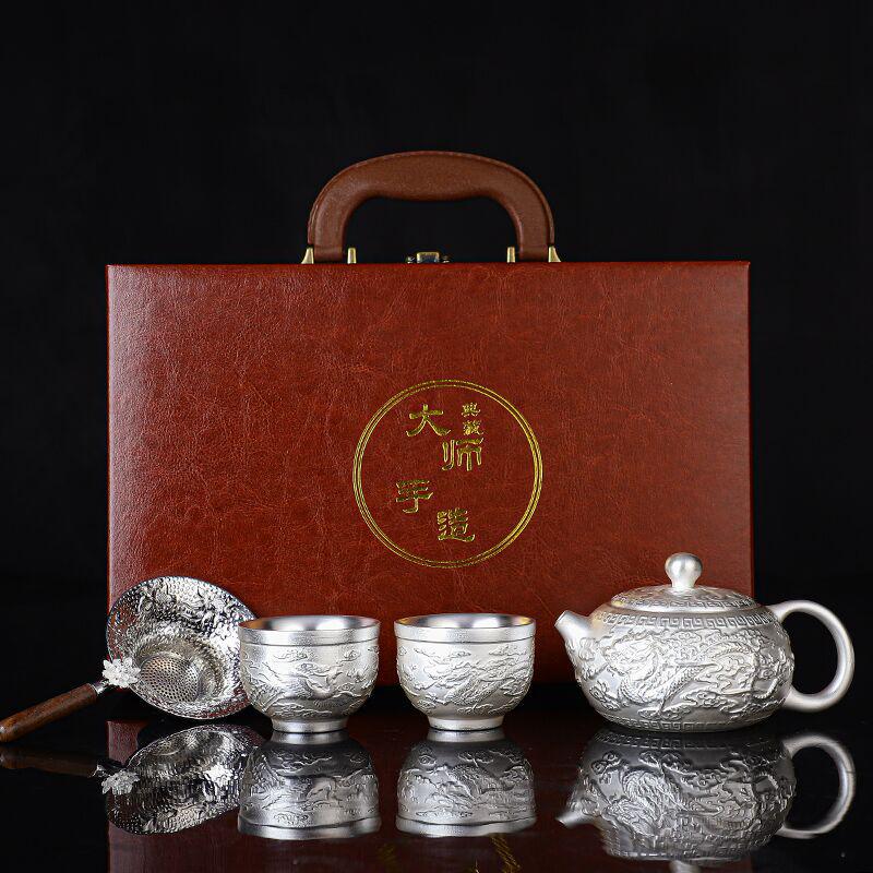 Year of the Dragon Sterling Silver 999 Teapot: Pure Handmade High-End Gongfu Tea Set Souvenir