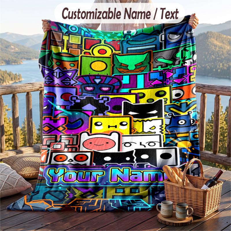 Geometry Dash Flannel Blanket, Personalized Custom Name Text, Soft Warm Plush Throw Blanket For Gift