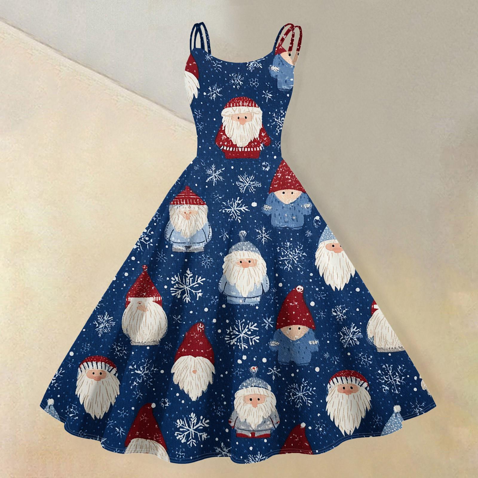 

(Merry Christmas) Women s Casual Fashion Christmas Snowflake/Christmas Tree/Snowman Print Round Neck Retro Dress S