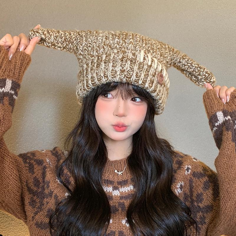New Funny Thickened Warm Wool Hat Women's Winter Fashion Versatile Knitted Hat Showing Face Small Ear Protection Pullover Hat
