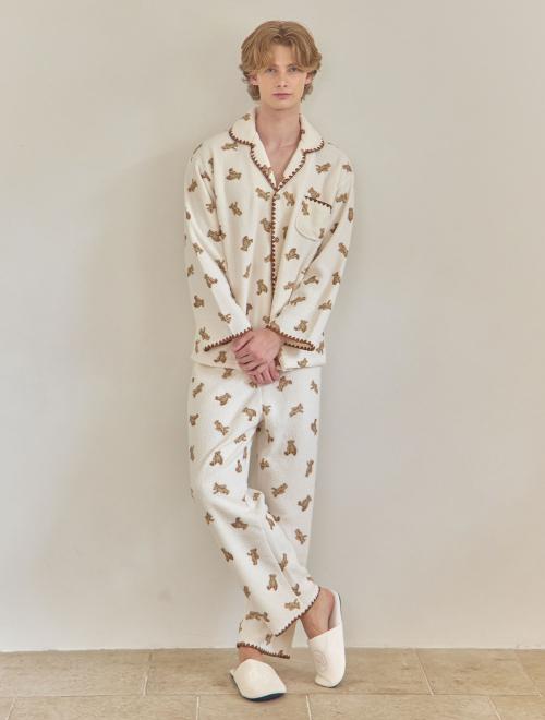 

[LUNALUZ STUDIO] Мужской двухсторонний пижамный комплект с длинным рукавом и воротником из мягкого флиса с изображением медведя [Доставка из Кореи] 100% Оригинал Ivory