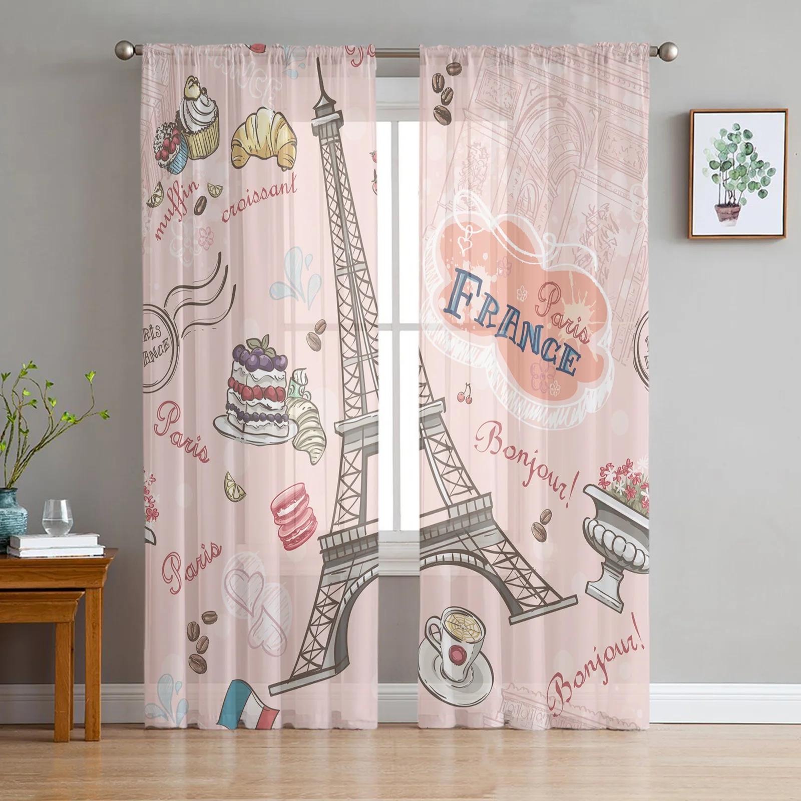 Fahrradmädchen Pariser Straße Romantik Architektur Tüll Gardinen für Wohnzimmer Schlafzimmer Fenster Vorhang Voile Organza Vorhänge W135 x H115cm x1&Grommet Top