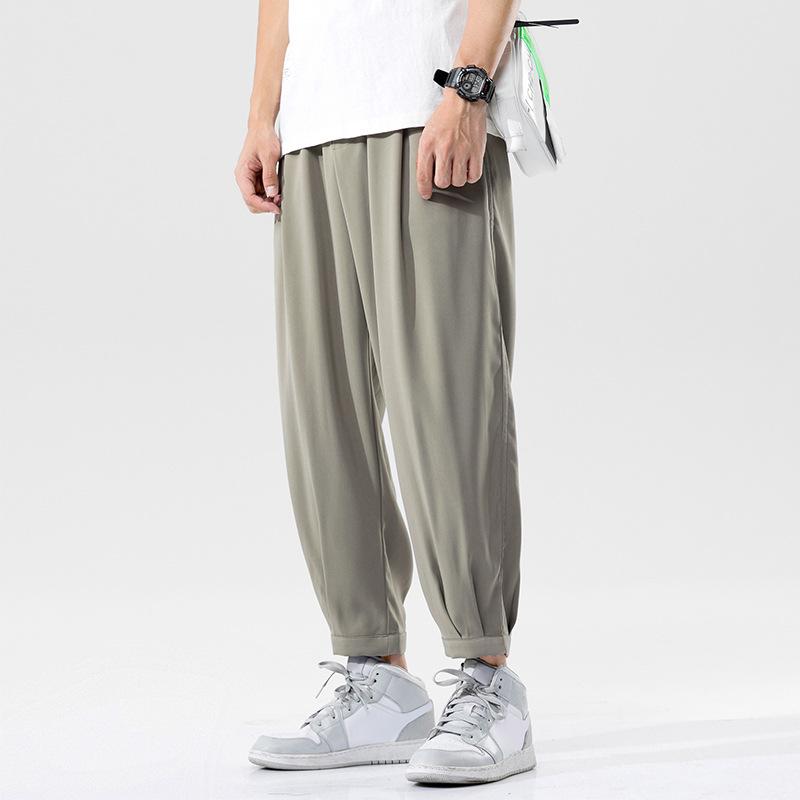 

Мужские летние тонкие брюки из ледяного шелка длиной девять точек с завязками, быстросохнущие спортивные брюки, свободная рабочая одежда, повседневные брюки 5XL