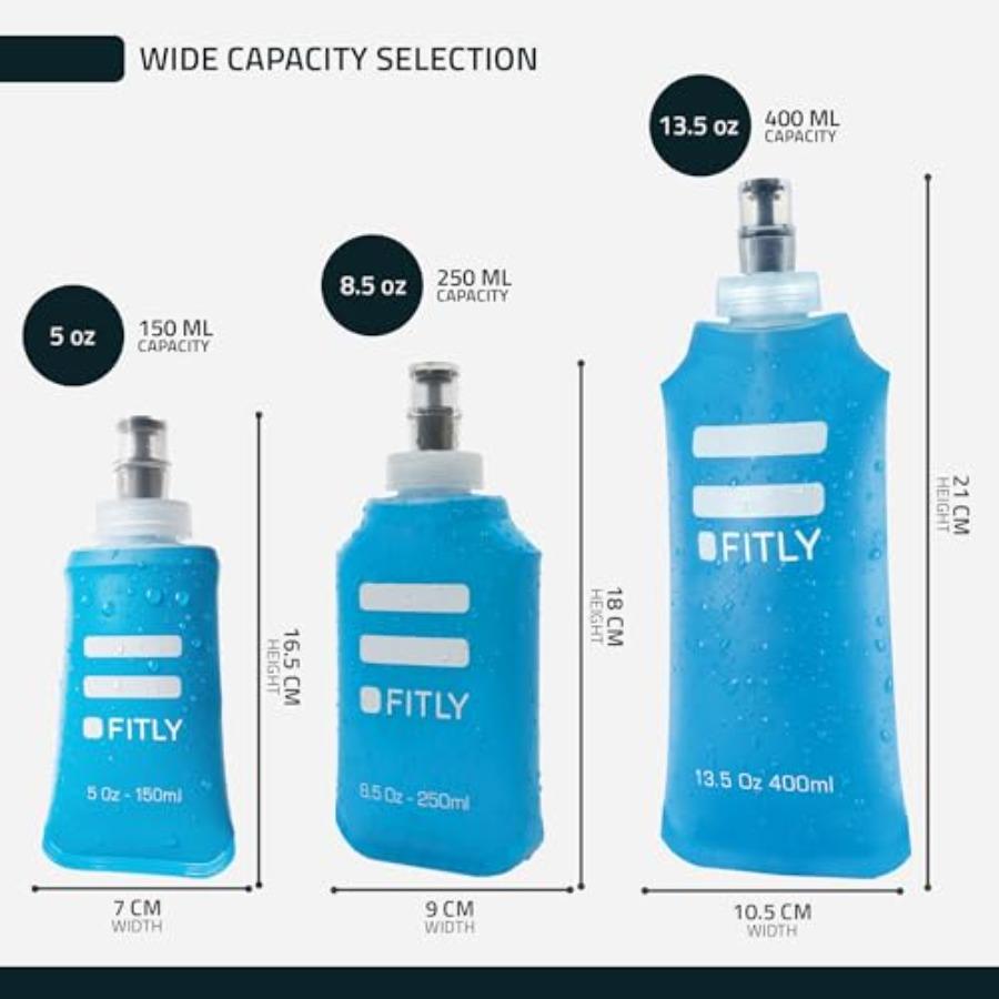 FITLY FLASKS Kombi - 3 handgehaltene weiche, faltbare Wasserflaschen für Laufen, Marathon, Wandern, Radfahren 5 oz 8,5 oz 13,5 oz 15