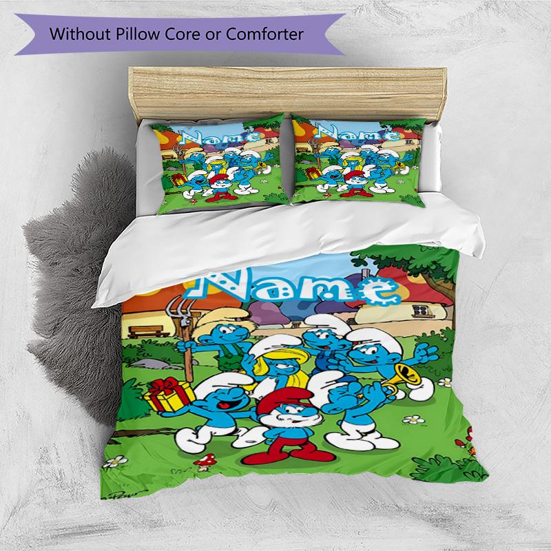 3pcs Duvet Cover Set (1*Duvet Cover + 2*Pillowcase, Without Core), Custom Name Blue Smurfs Pattern Bedding Set, Home Bedroom Decor Gift