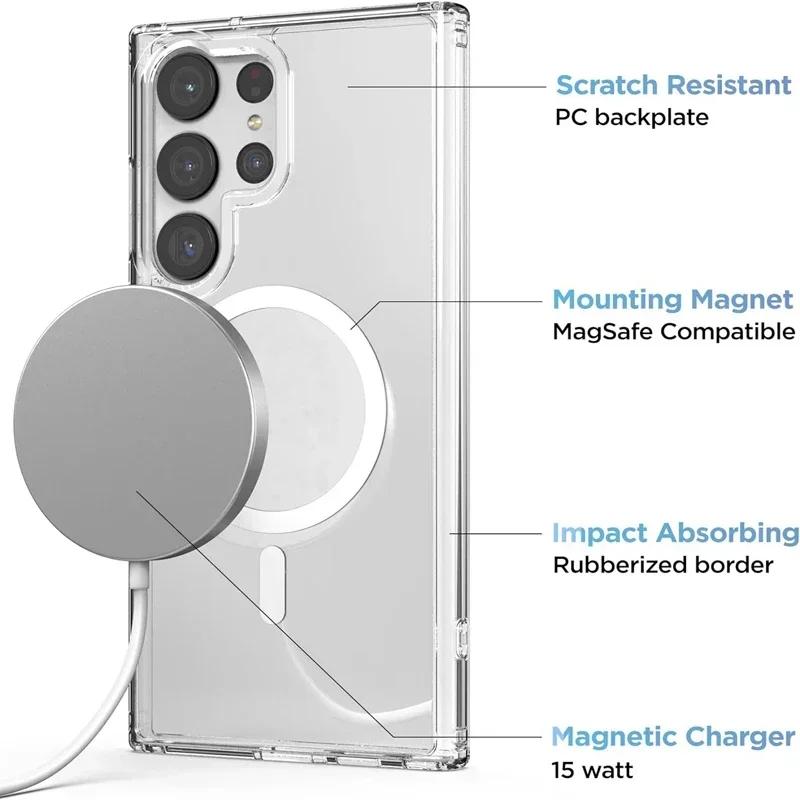 Clear Hard Phone Case For Samsung Galaxy S25 S24 S23 FE S22 S21 Ultra Plus Edge Magsafe Magnetic Wireless Charger Original Funda