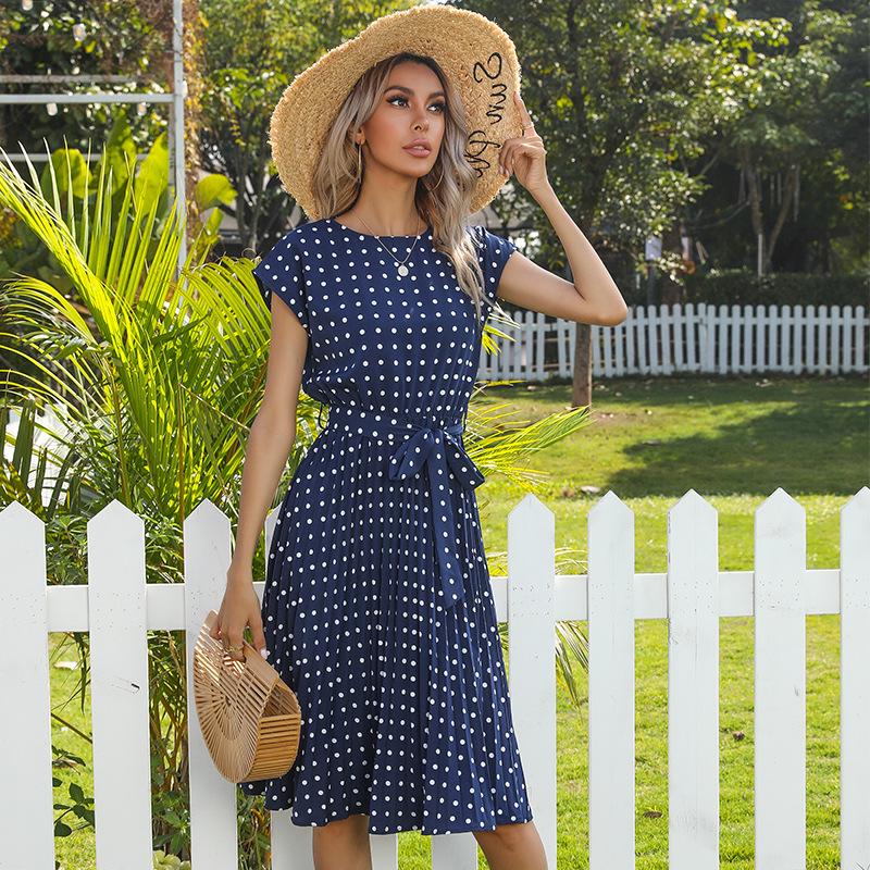 Women's Summer Polka Dot Round Neck Midi Dress with Retro Pleated Skirt