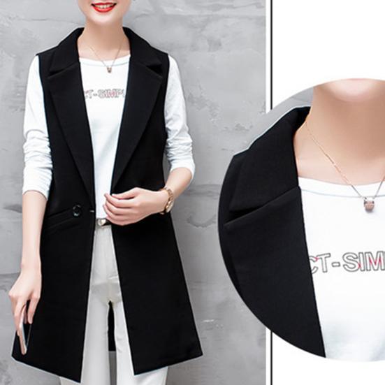Women Long Suit Coat Sleeveless Mid Length Single Button Sleeveless Thin Pocket Cardigan Lapel Formal OL Commute Style Lady Jacket