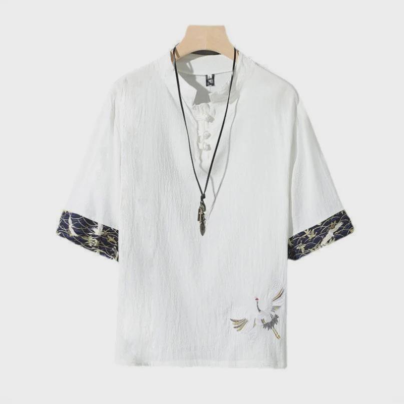 Men's Summer Crane Embroidered Linen T-Shirt - Loose Fit, Short-Sleeved, Trendy Chinese Style