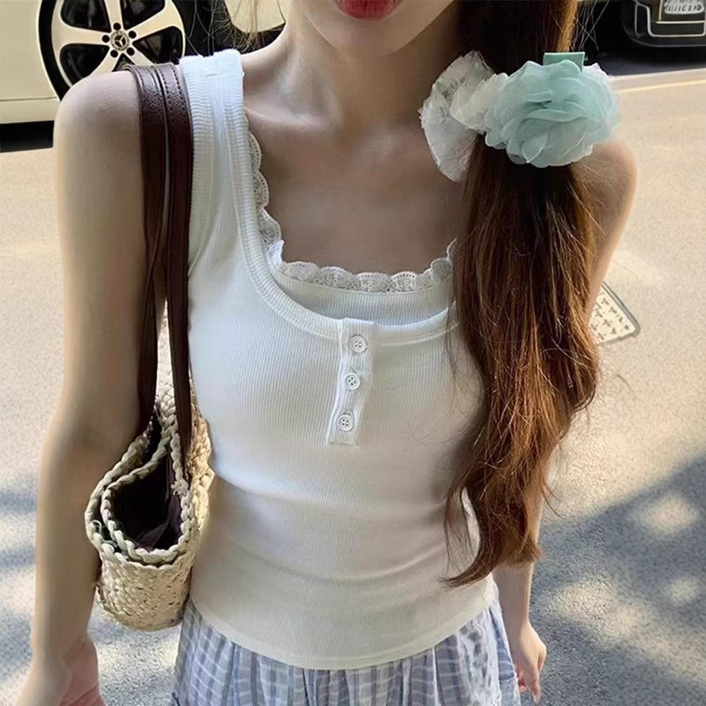 Pure Desire Fake Two-piece Lace Splicing Sling Vest Women's Summer Wear Slim and Thin Spice Girl Short Sleeveless Top