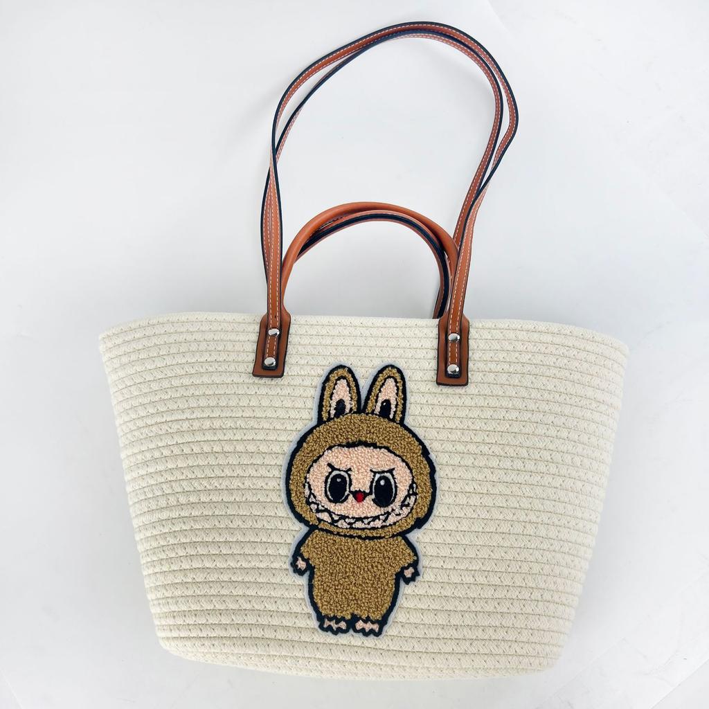 Hand-woven Cotton Rope Bag Cartoon Pull Cloth Large Capacity Shoulder Handbag Beach Tote Bag