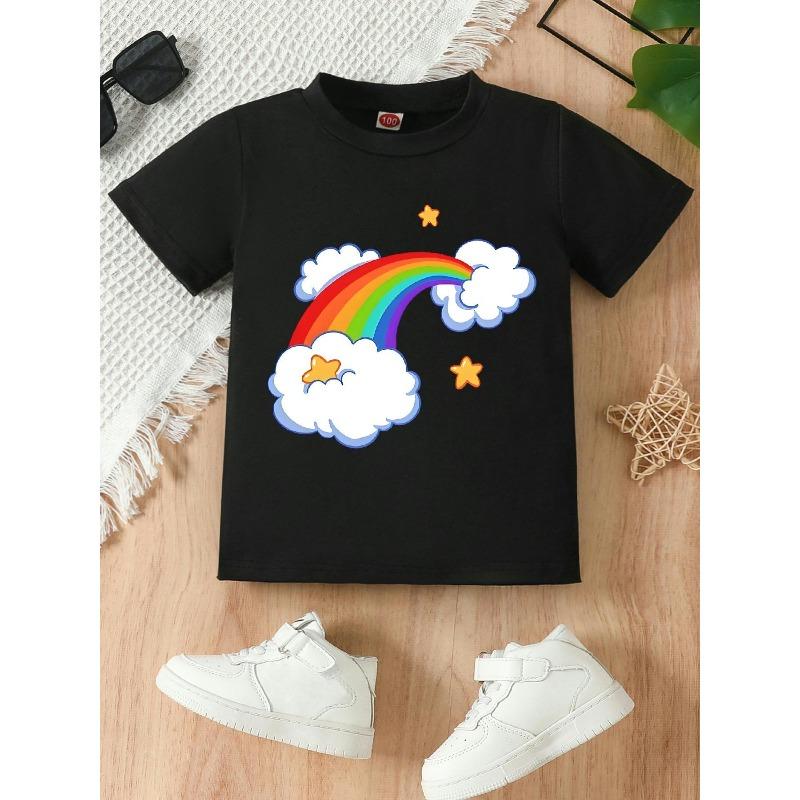 

European sizes A Casual Summer Top for Young Girls Featuring a Cartoon Cloud And Rainbow Design, with Short Sleeves And a Round Neckline 98cm чёрный