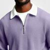 Men's Solid Big Waffle Knit Long Sleeve Polo Shirt, Lapel Zip Casual Sports Top for Autumn