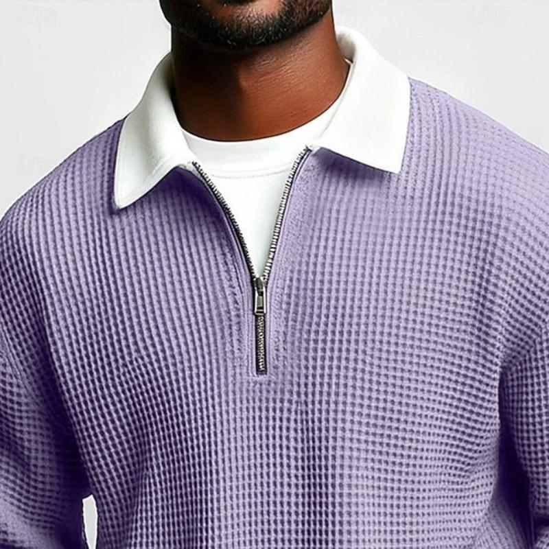 Men's Solid Big Waffle Knit Long Sleeve Polo Shirt, Lapel Zip Casual Sports Top for Autumn
