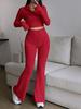 Fashion Solid Stitch Two-Piece Set with Zipper Long Sleeve Crop Top and High Waist Wide Leg Pants Women Casual Outfit