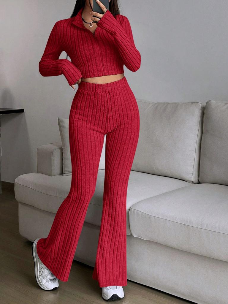 Fashion Solid Stitch Two-Piece Set with Zipper Long Sleeve Crop Top and High Waist Wide Leg Pants Women Casual Outfit