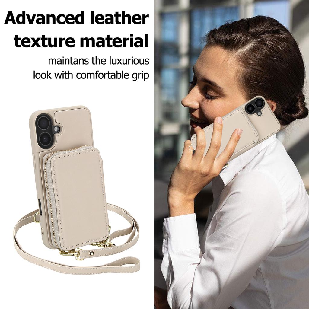 For iPhone 16 Plus Case RFID Blocking Zipper Wallet Leather + TPU Phone Cover with Shoulder Strap