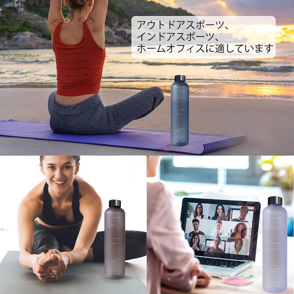 KONARO Water Bottle with Time Made of 1 Liter 1000ml with Carrying Matte Pink Marker, Medical-Grade Resin, Capacity, Tritan, BPA-Free, Rope,