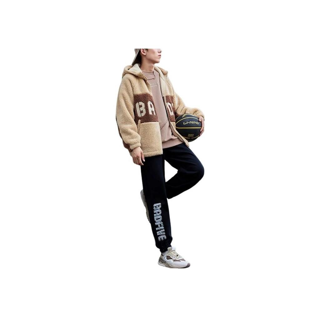 Li-Ning Anti-Wu Series FW22 Letter Pattern Lambswool-Lined Warm Cotton Jacket Men Jacket Milk-Brown AFDSA69-1