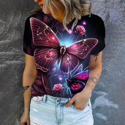 Women's Round Neck T-Shirt 2024 Popular T-Shirt Fashion Butterfly Pattern Print Women's Elegant Leisure Short Sleeve T-Shirt