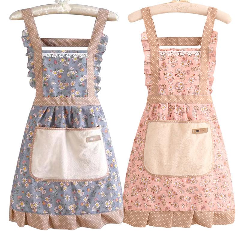 Canvas Household New Erasable Apron, Kitchen Shoulder Strap Anti Fouling Breathable Princess Skirt, Cooking Waist Work Clothes.