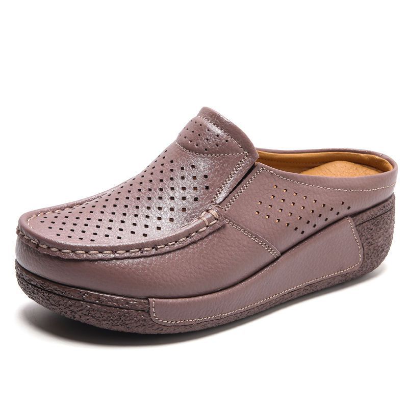 Genuine leather comfortable thick-soled bag head half slippers women's summer wear breathable hollow soft bottom slope heel cool slippers