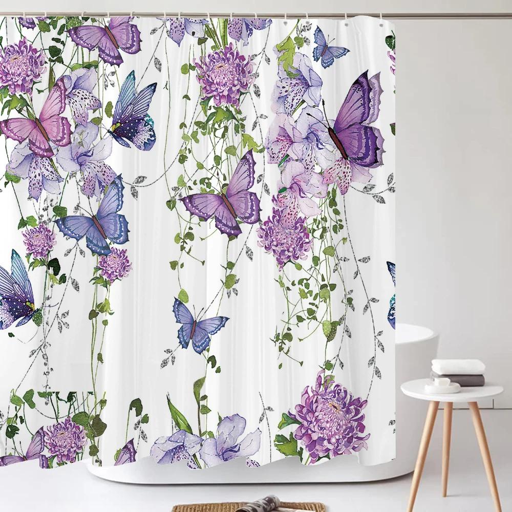 Watercolor Purple Butterfly Floral Shower Curtain 180Cm*180Cm With Hooks, Waterproof Shower Curtain, Bath Curtains For Bathroom