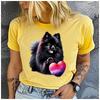 Unisex 100% Polyester Summer Top Black Pomeranian dog Print Loose round Neck Short Sleeve Fashion for Lovers