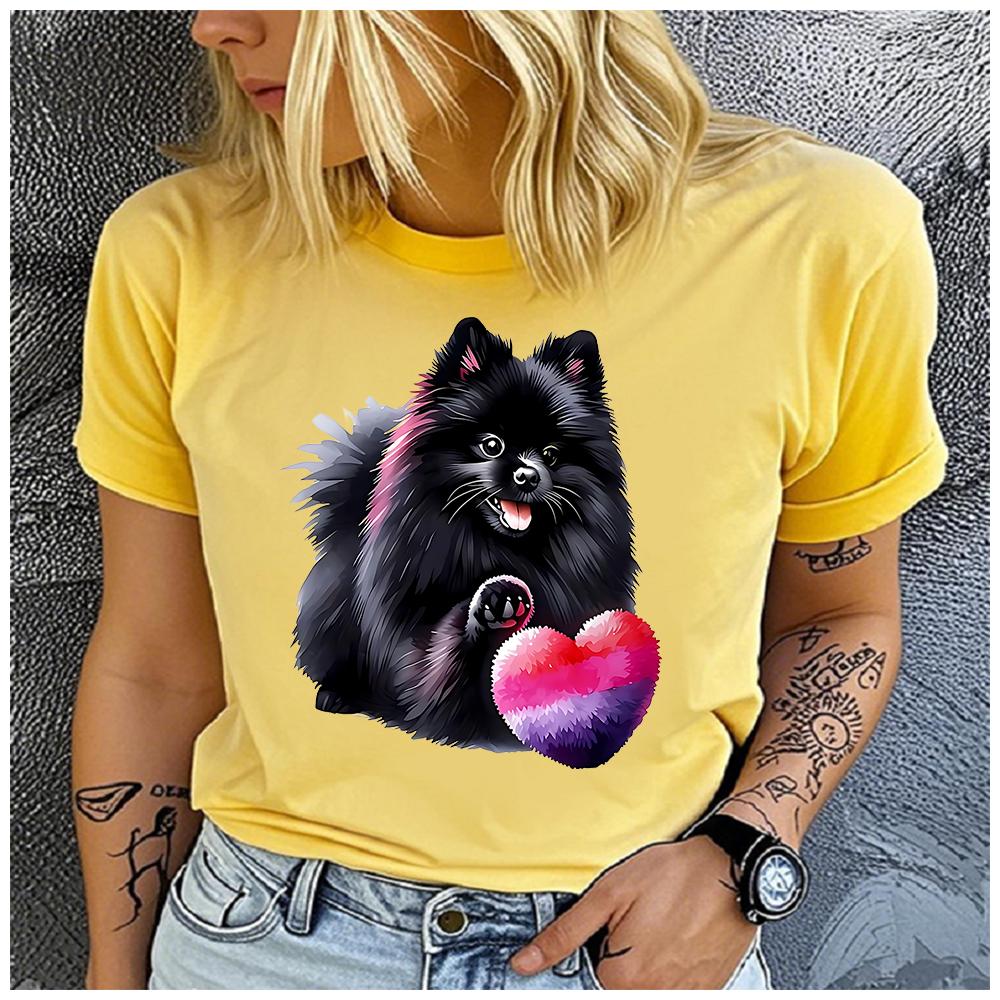 Unisex 100% Polyester Summer Top Black Pomeranian dog Print Loose round Neck Short Sleeve Fashion for Lovers