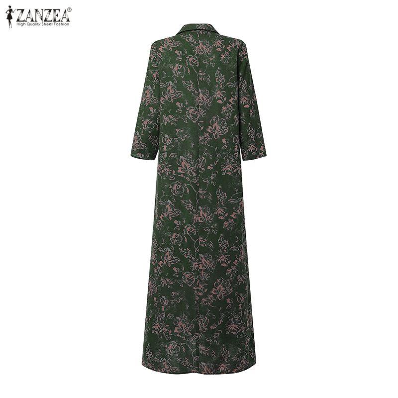 ZANZEA Women Vintage 3/4 Sleeve Lapel  Neck Elegant Buttons Kaftan Floral Maxi Shirts Dress