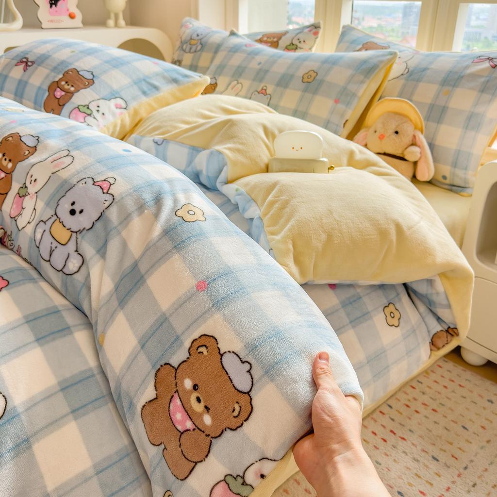 Thickened Milk Fleece Quilt Cover Single Piece Coral Fleece Quilt Cover Four-Piece Set Double-Sided Flannel Fleece