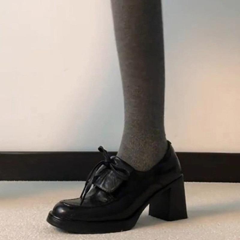 Retro Lace-up Block Heel Loafers Women's New Autumn and Winter Round Toe Slip-on High-heeled Small Leather Shoes