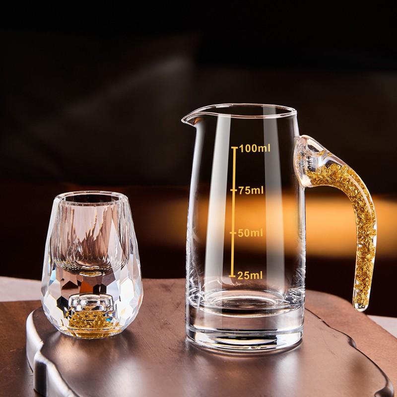 Elegant Crystal Glass Shot Cups With Pourer Set Gold Foil Matte Transparent Styles Whiskey Sake Tequila Serving