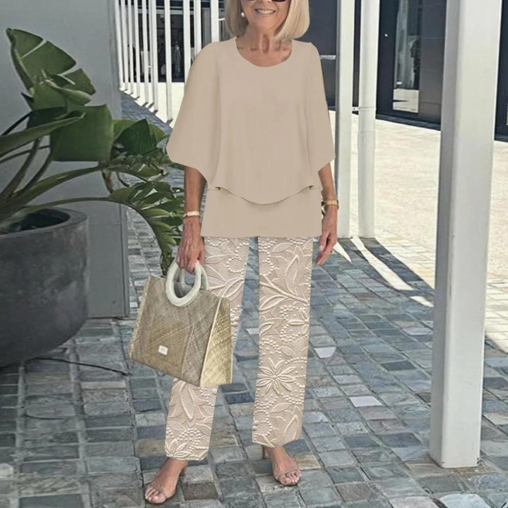 Women's Green Loose Fit Top with Leaf Print Pants Set, Casual Summer Outfit with Straw Bag