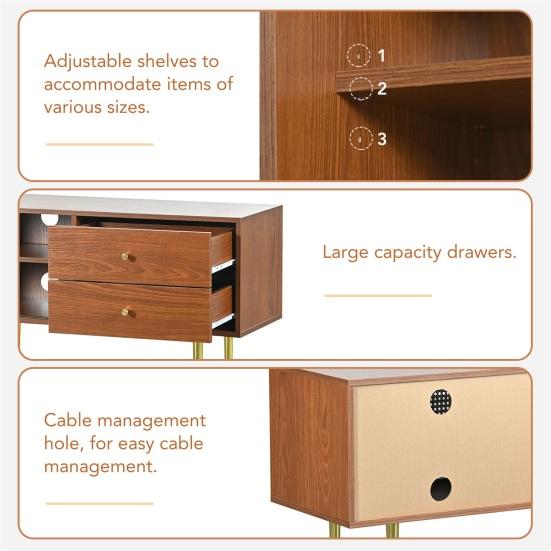 Living Room TV Stand Spacious Countertop Cabinet with 2 Drawers Two Rattan Bedroom Media Console Sliding Doors Metal Legs Furniture