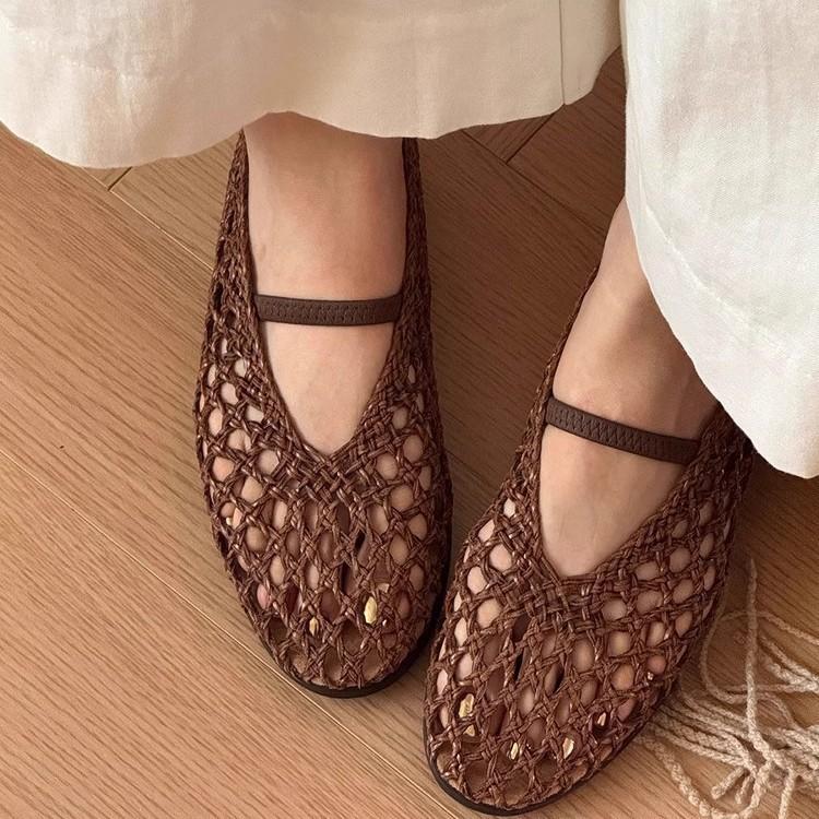 Sheepskin version~ High-end niche design, woven empty Mary Jane single shoes, women's flat-bottomed fishing nets, evening wind women's shoes