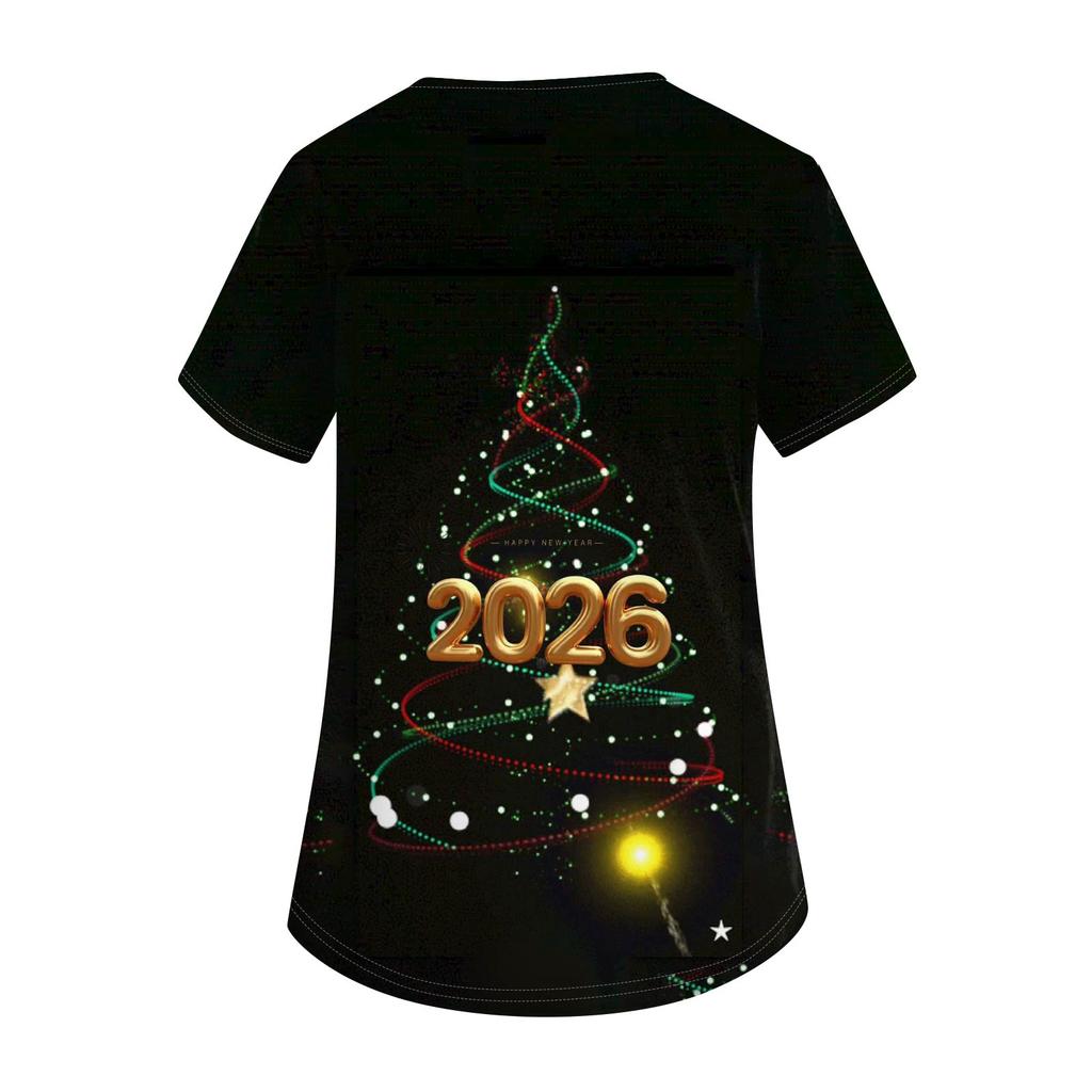 Women's Fashion Printed Short Sleeve V Neck Pattern Tops Pocket Working T-shirts