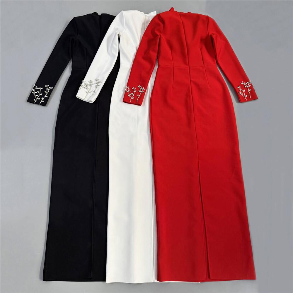 European and American Studded Bandage Long Sleeve Evening Gown - Slim Fit Socialite Party Dress