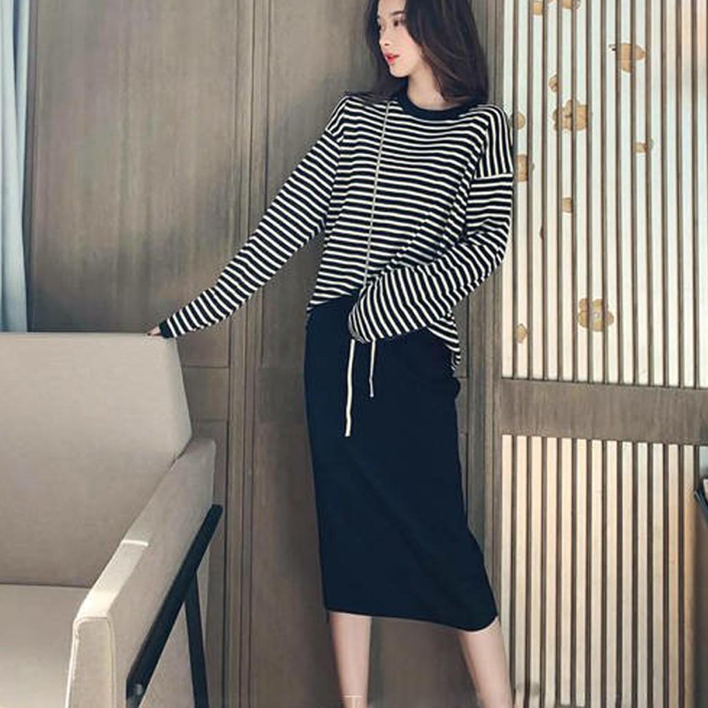 Lady Fashion Women Long Sleeve Split 2 Piece Set Casual Stripe Outfit Skirt