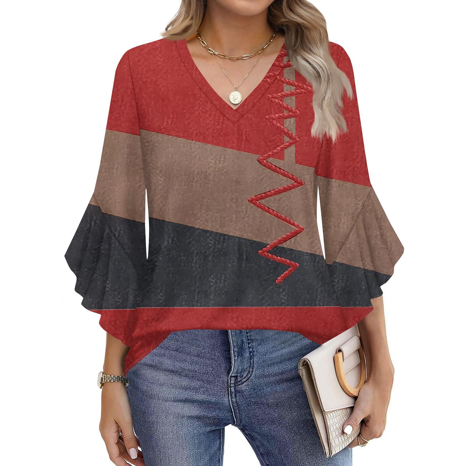 

Жіноча мода Повсякденний топ з рукавом сім восьмих, ретро, з кольоровим блокуванням, з принтом, футболка з V-подібним вирізом, сорочка з розкльошеним рукавом XXL червоний