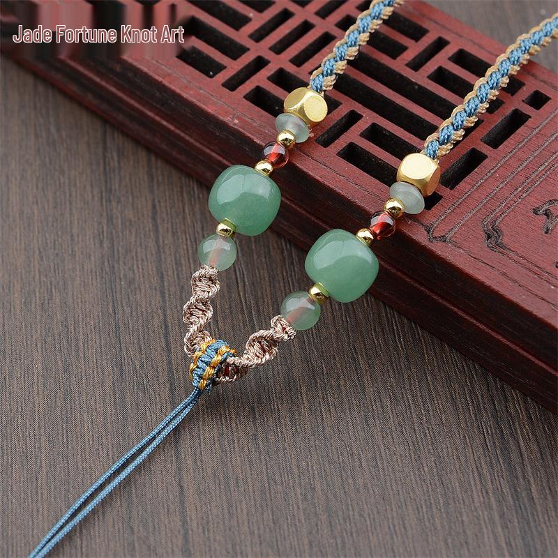 Four-Strand Braided Necklace Lanyard with Jadeite, White Agate, and Dongling Jade Pendant